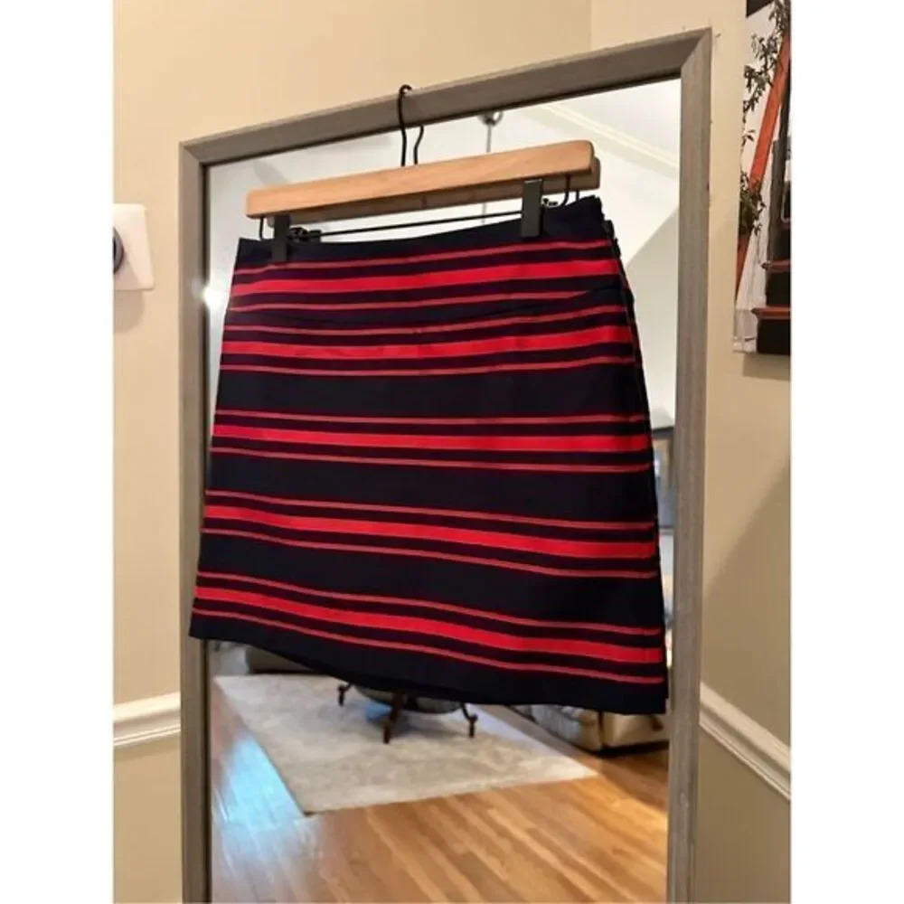 LOFT Navy Blue Red Striped Pencil Mini Skirt Size 2 - Picture 2 of 7